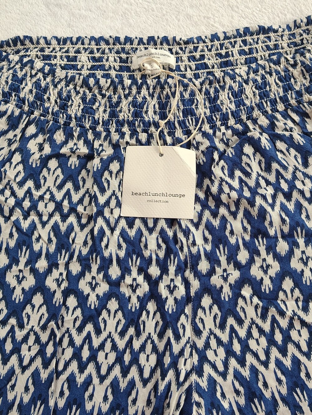 beachlunchlounge Blue and White Ikat-Print Elastic Waist Pants